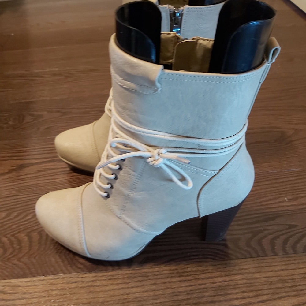 Tan wedge heel boots,  laced, gently used